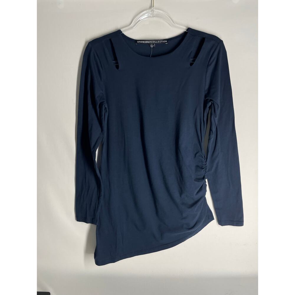 Stowaway Collection Double Keyhole Maternity Top Navy Long Sleeve Large NEW